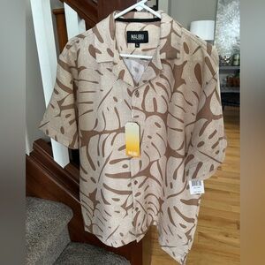 Malibu by Drill Textured Brown Cream Leaf Print Beach Resort Shirt Size L